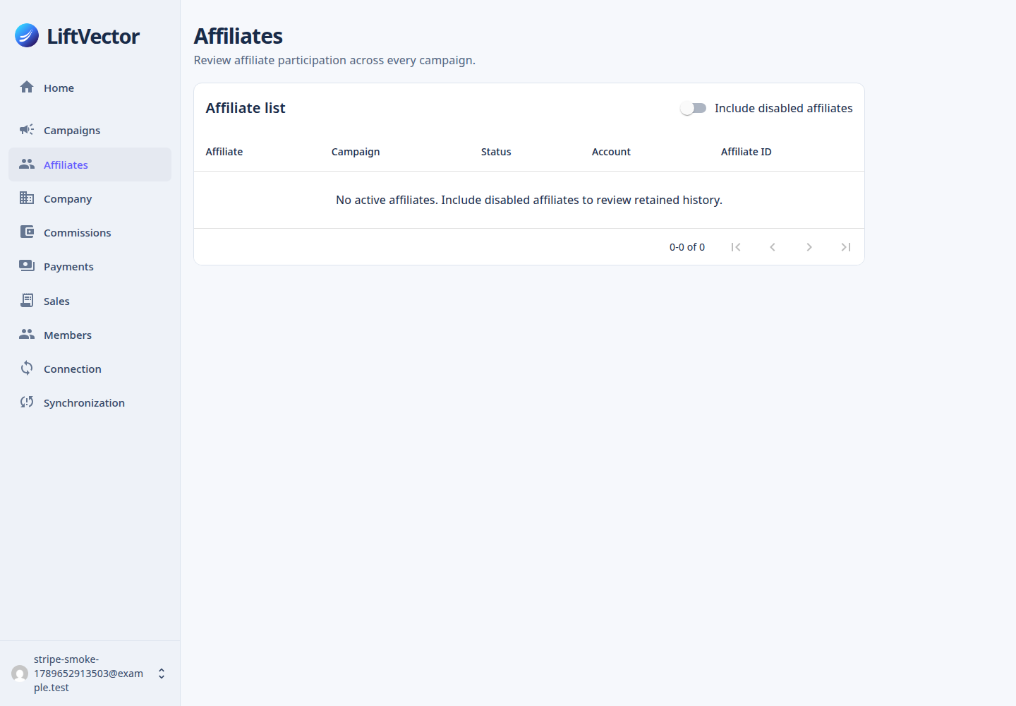 LiftVector merchant workspace showing an affiliate list, with navigation for campaigns, commissions, payments and sales.
